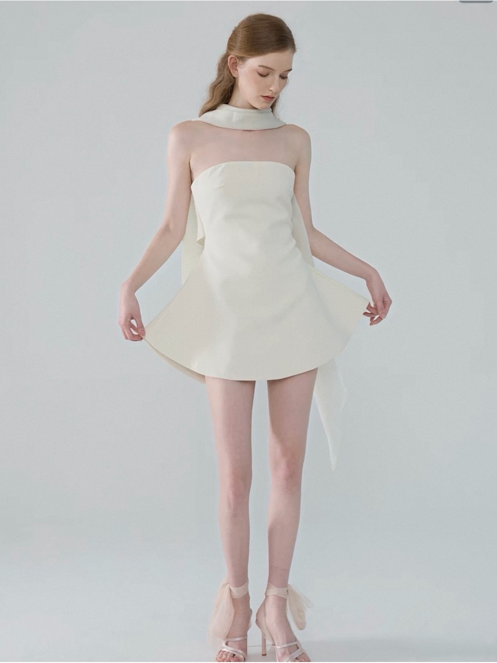 Strapless Ivory Mini Dress with Neck Tie